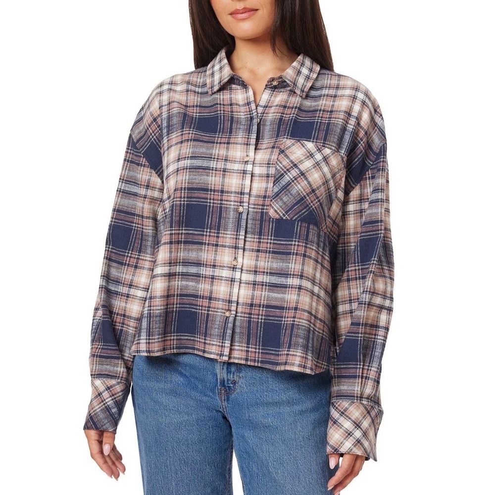 Scotch & Soda Womens Plaid Flannel Shirt Navy Tan Button Up Cropped XL New